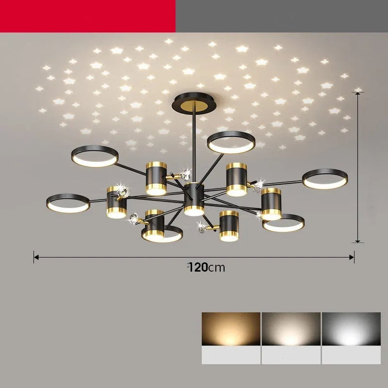 Black iron pendant chandelier with 13 LED light heads and adjustable hanging height