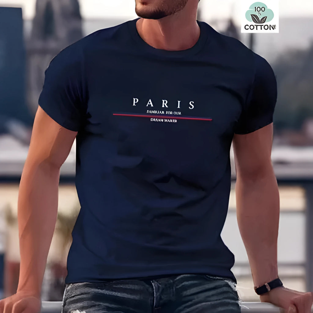 Man wearing a heavy grey pure cotton T-shirt with a printed letter design and short sleeves.