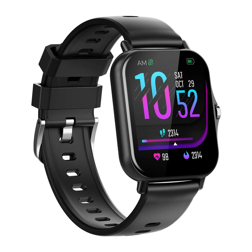 W10 Bluetooth smart watch for heart rate and blood pressure monitoring on wrist, showing touch screen.