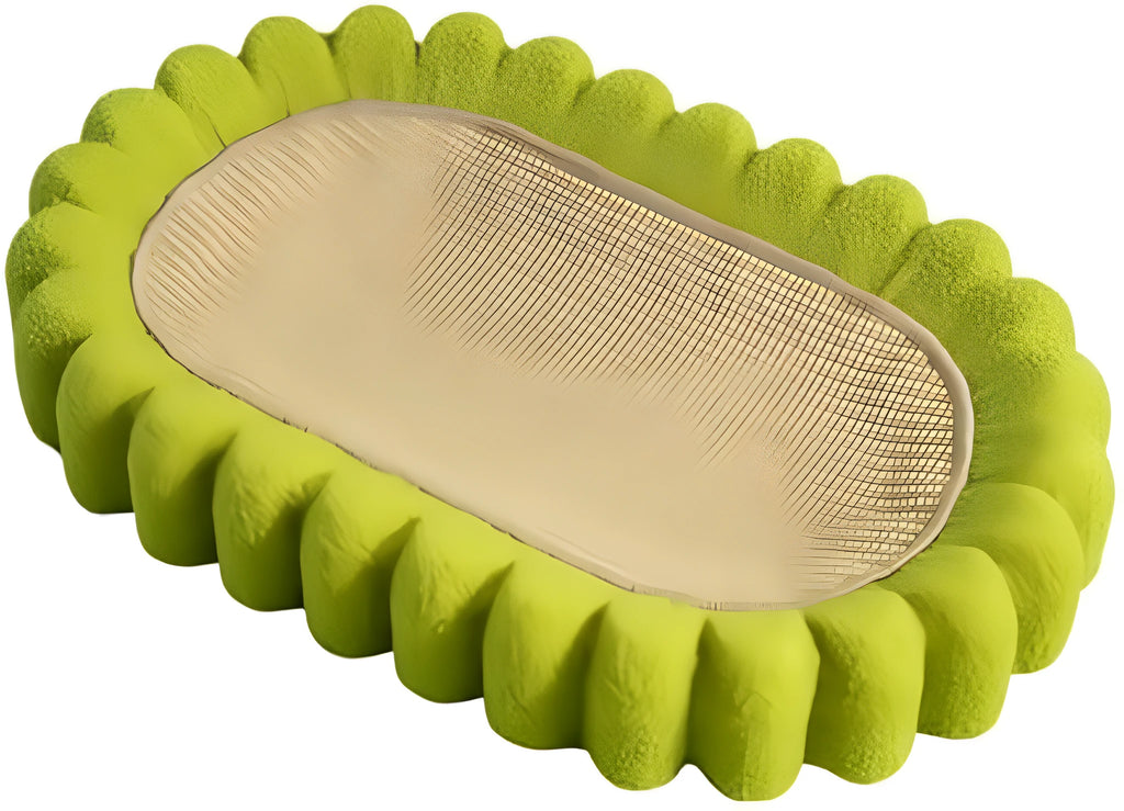 Green oval cat scratcher pad and bed made from sisal, measuring 65cm long.