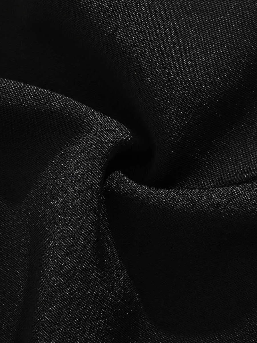 Black men's loose straight-leg shorts with a semi-elastic waist, colour button, and zip fly.
