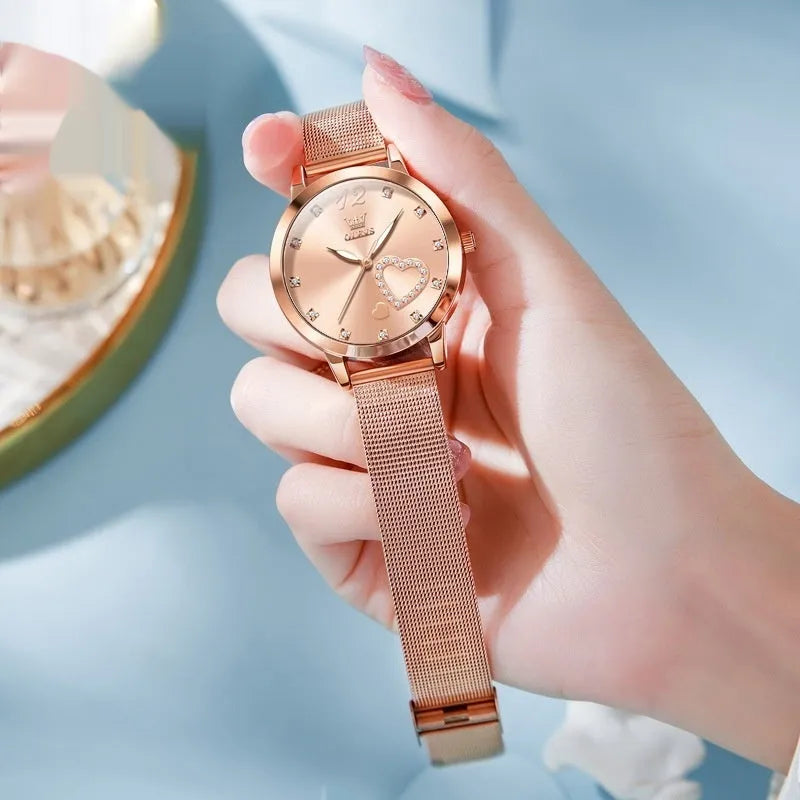 Women's fashion watch with rose shell alloy case and mesh strap in six colour variations