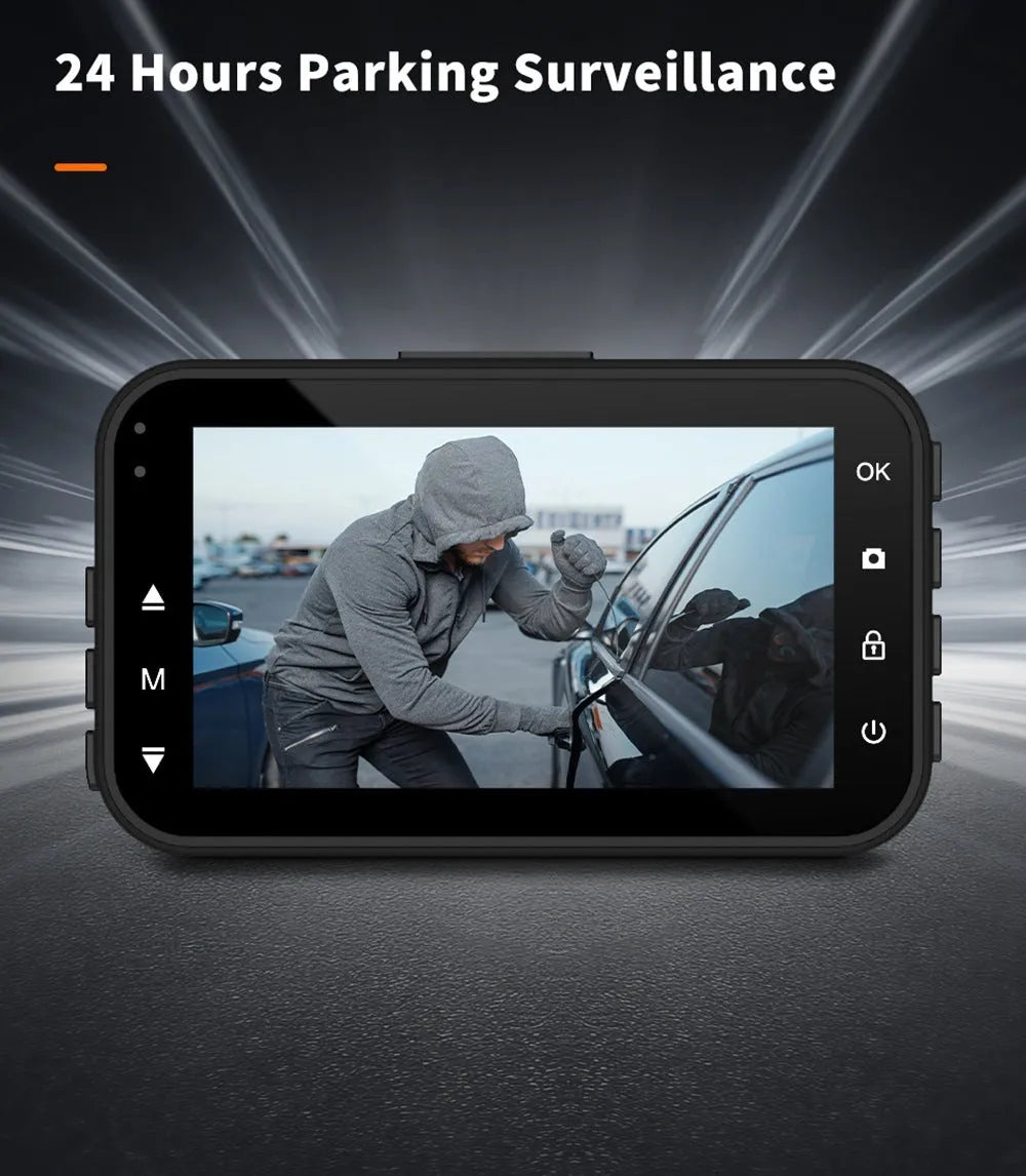 ThiEYE dual dash cam unit with 3-inch screen, rear waterproof camera, mounts, and installation accessories on a table.