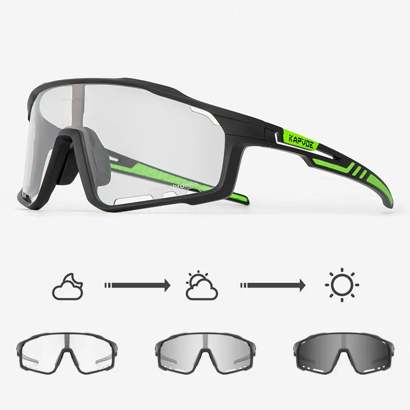 Photochromic cycling sunglasses with a semi-rimless TR90 frame in one of fourteen colour options.