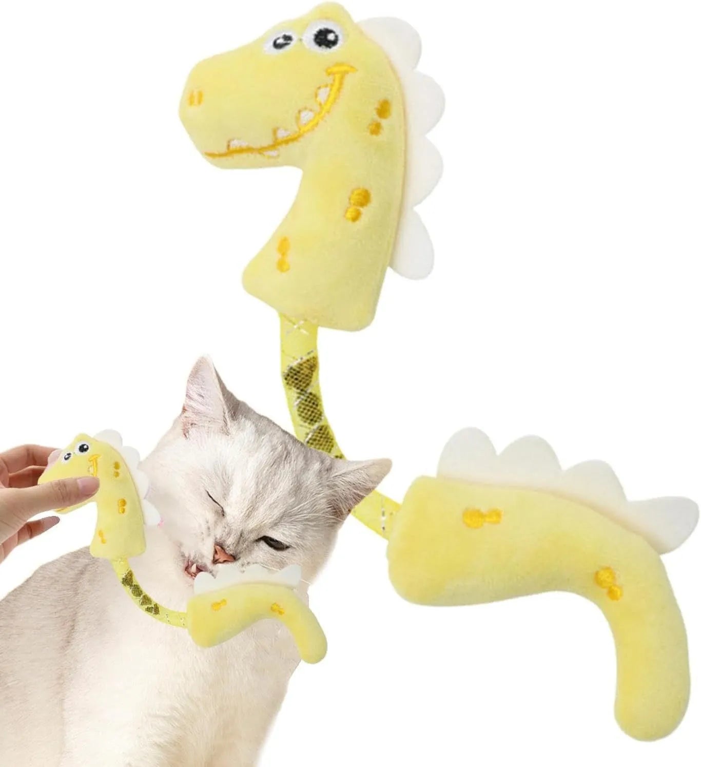Four-piece cat toy bundle showing plush mouse, fish, bunny, rope toys, springs and kicker toys in assorted colours