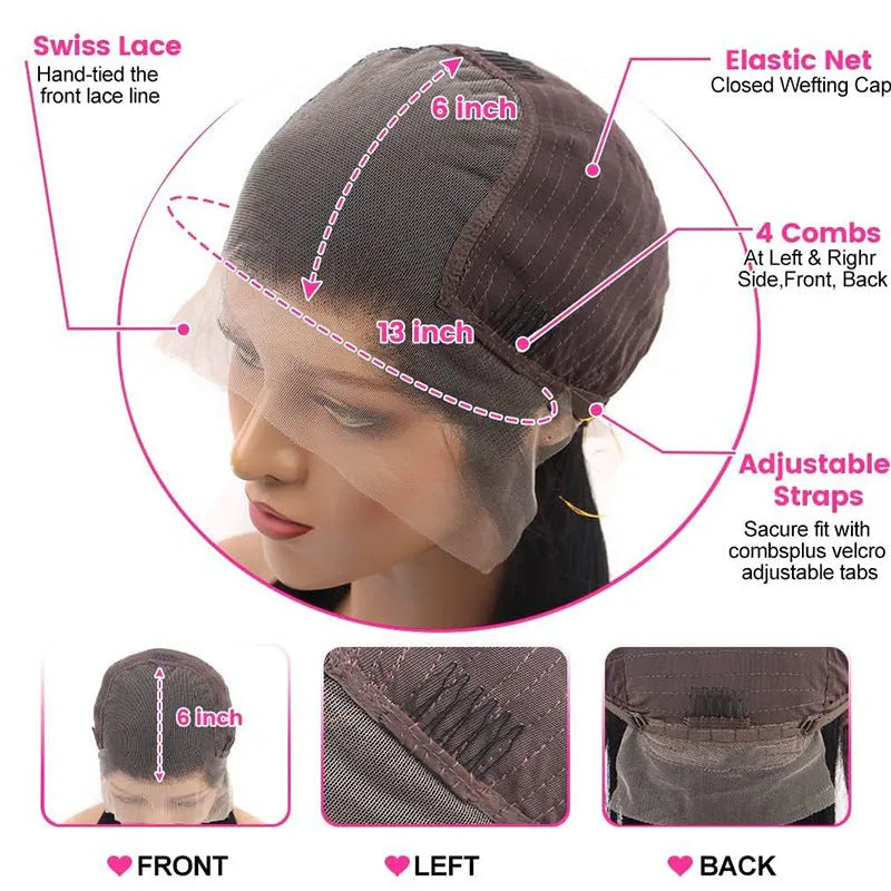 13x6 straight lace front human hair wig in black showing natural hairline and straight style