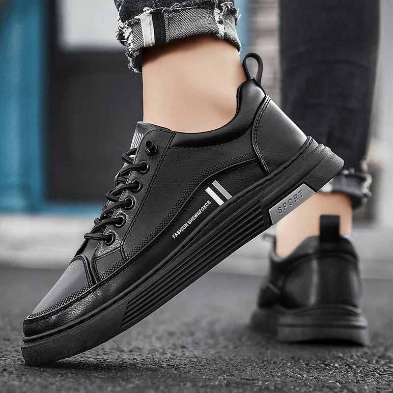 Men's white and black low-top skateboard shoes with elastic band closure