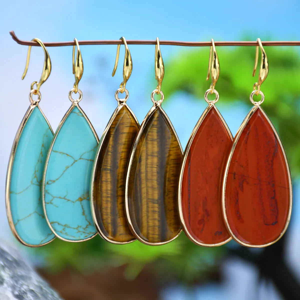 Vintage long water drop stone earrings in five natural colours including pink crystal and amethyst