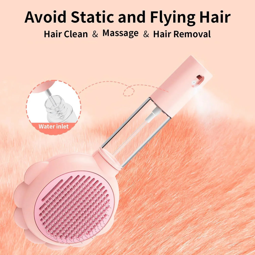 Grey spray cat brush with release button and stainless steel bristles for pet grooming