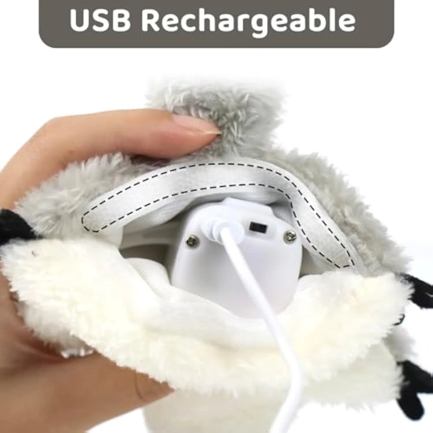Grey flapping squirrel cat toy with motion sensor, USB charging port, and soft plush material