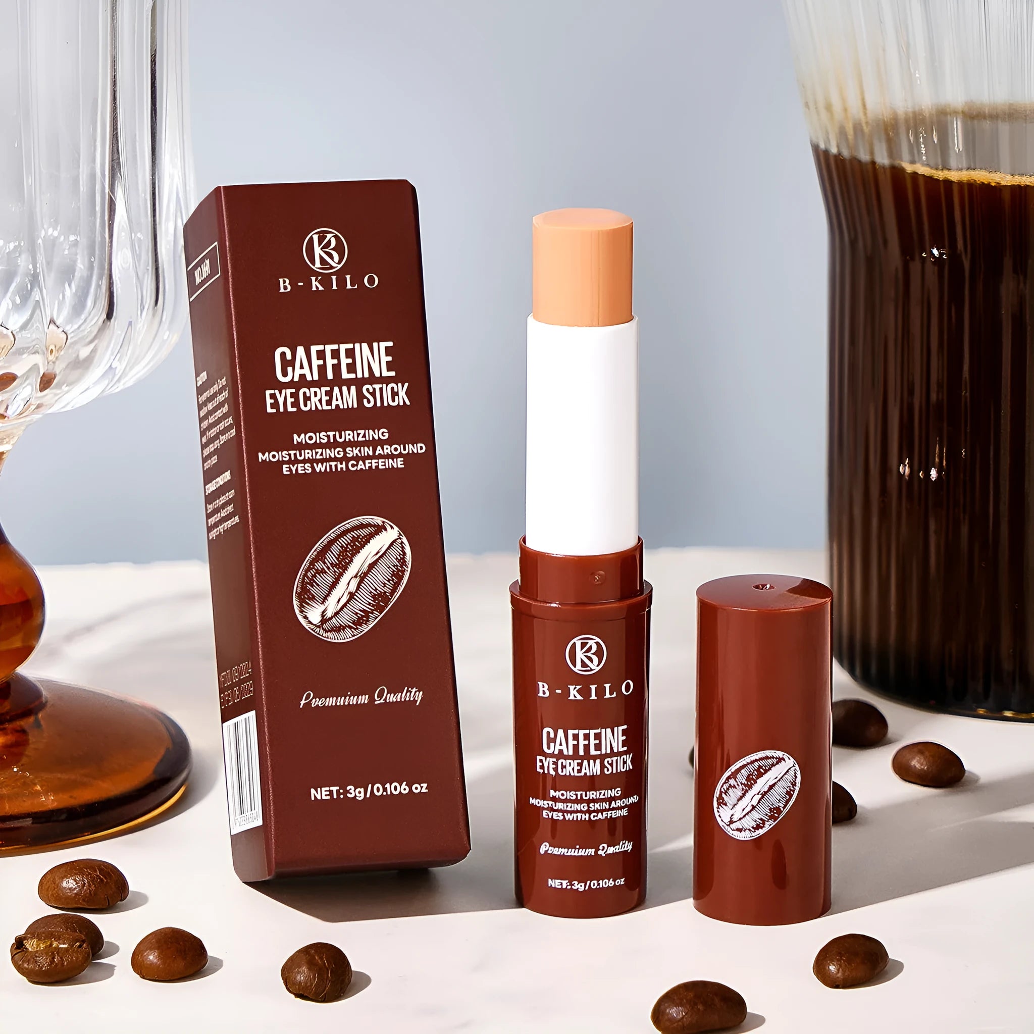 Caffeine eye cream stick in twist-up tube for dark circles and fine lines with 3g net content