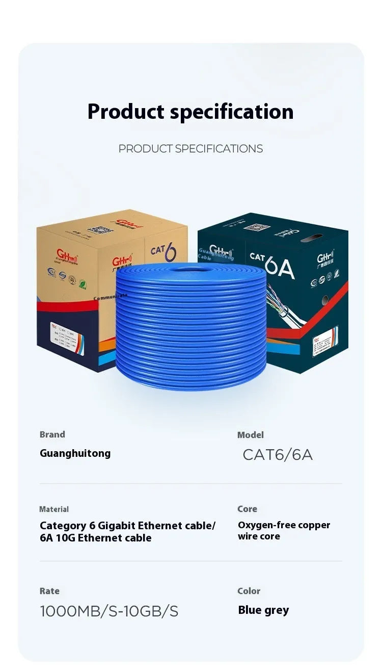 305 metre box of blue Cat6 oxygen-free copper network cable with gigabit and 10GB/S speed labelling