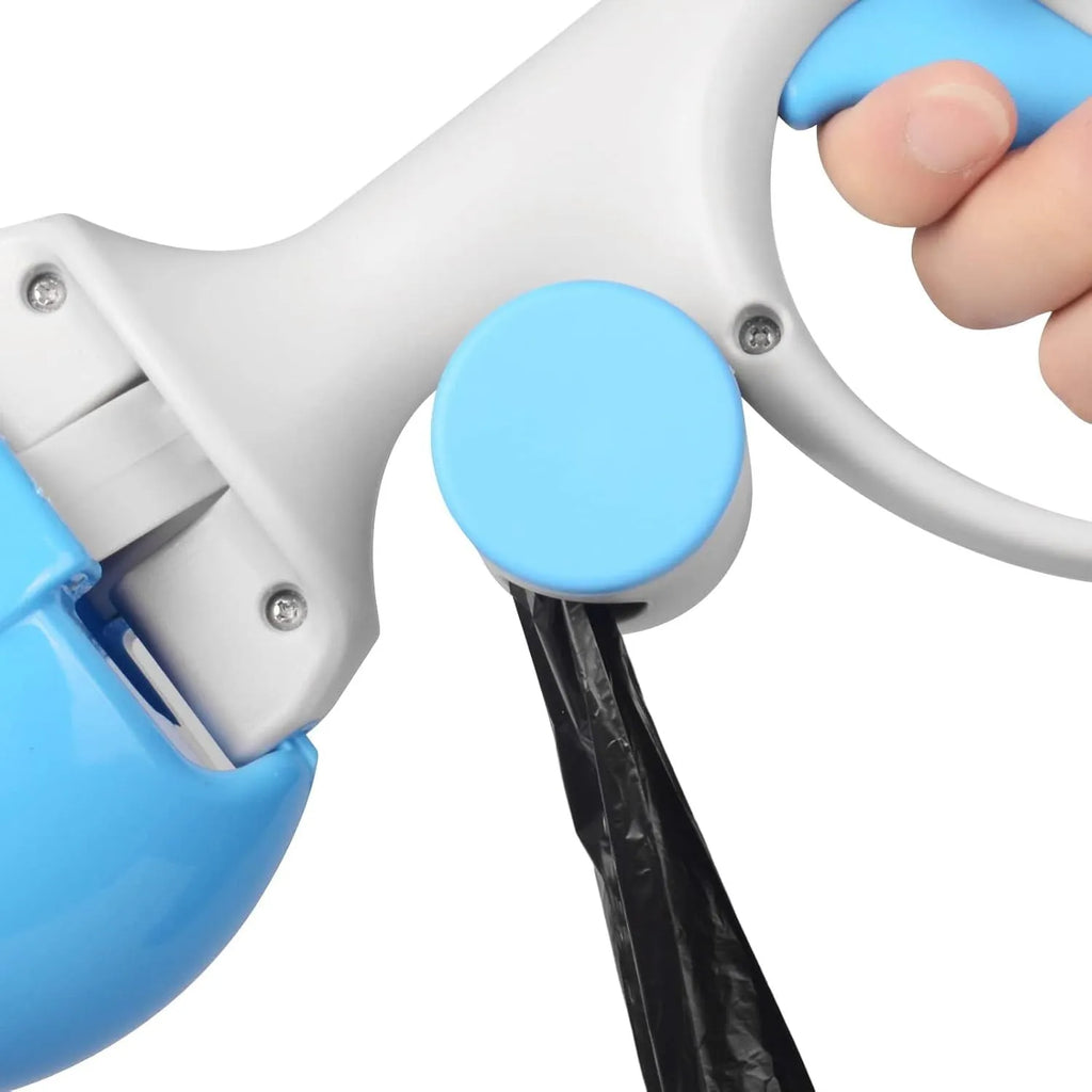Heavy-duty ABS plastic pet pooper scooper with integrated trash bag holder in blue colour