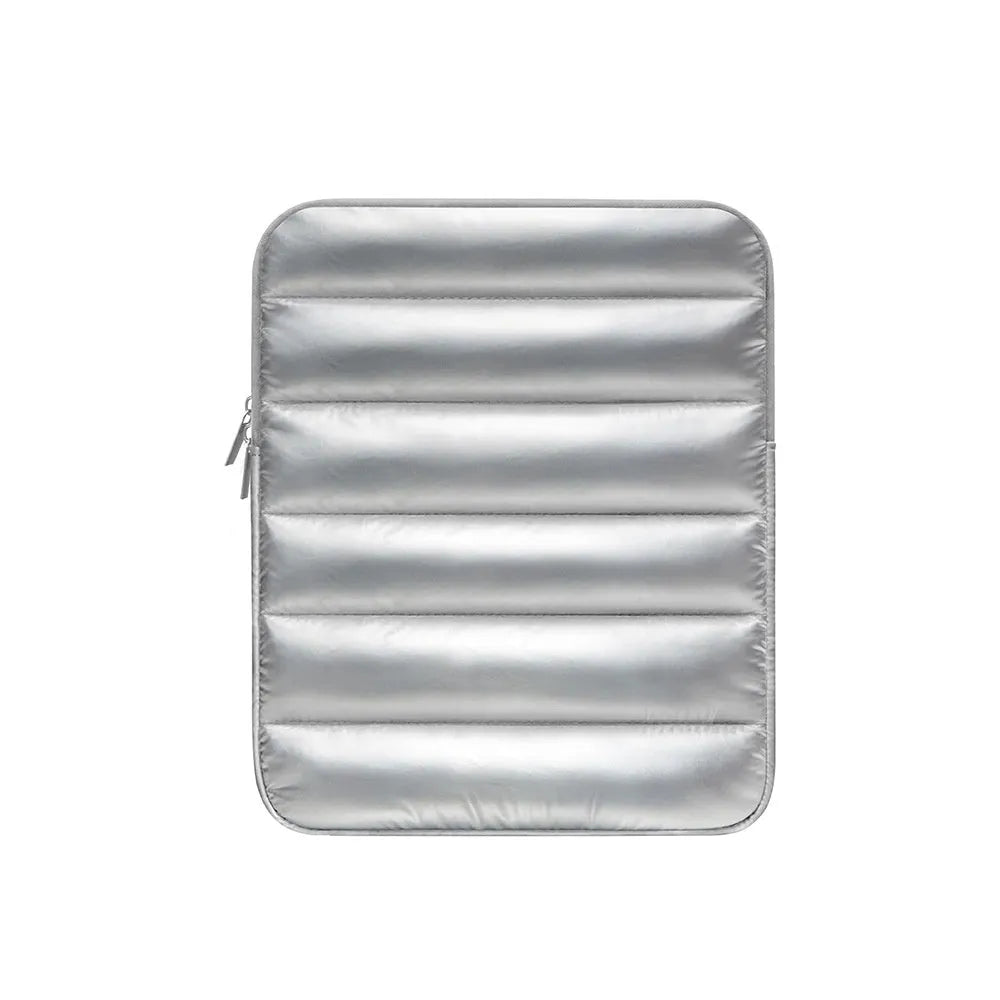 Fluffy air feeling laptop sleeve in black, open to show soft lining, next to an 11 inch tablet.