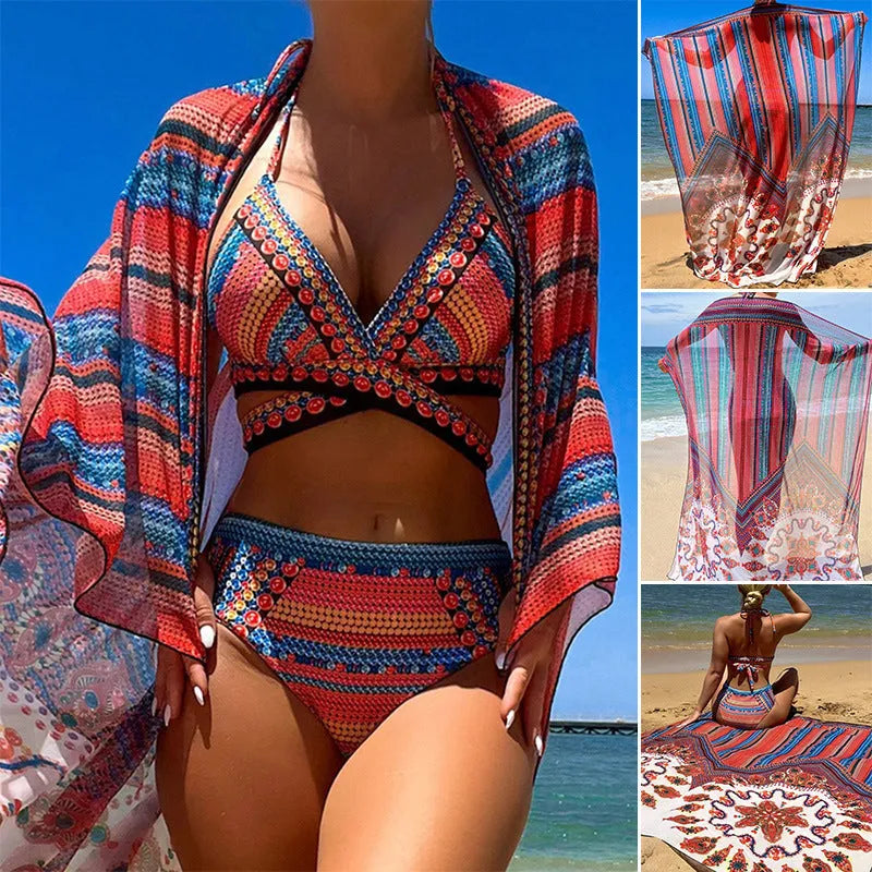 Women's three-piece swimsuit set showing high-waist bikini bottoms, cutout blouse top, and matching cover-up coat
