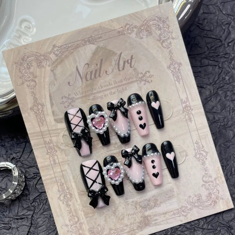 Black and pink heart hand-painted manicure set with bow and XINGX patterns on detachable plastic armour suit