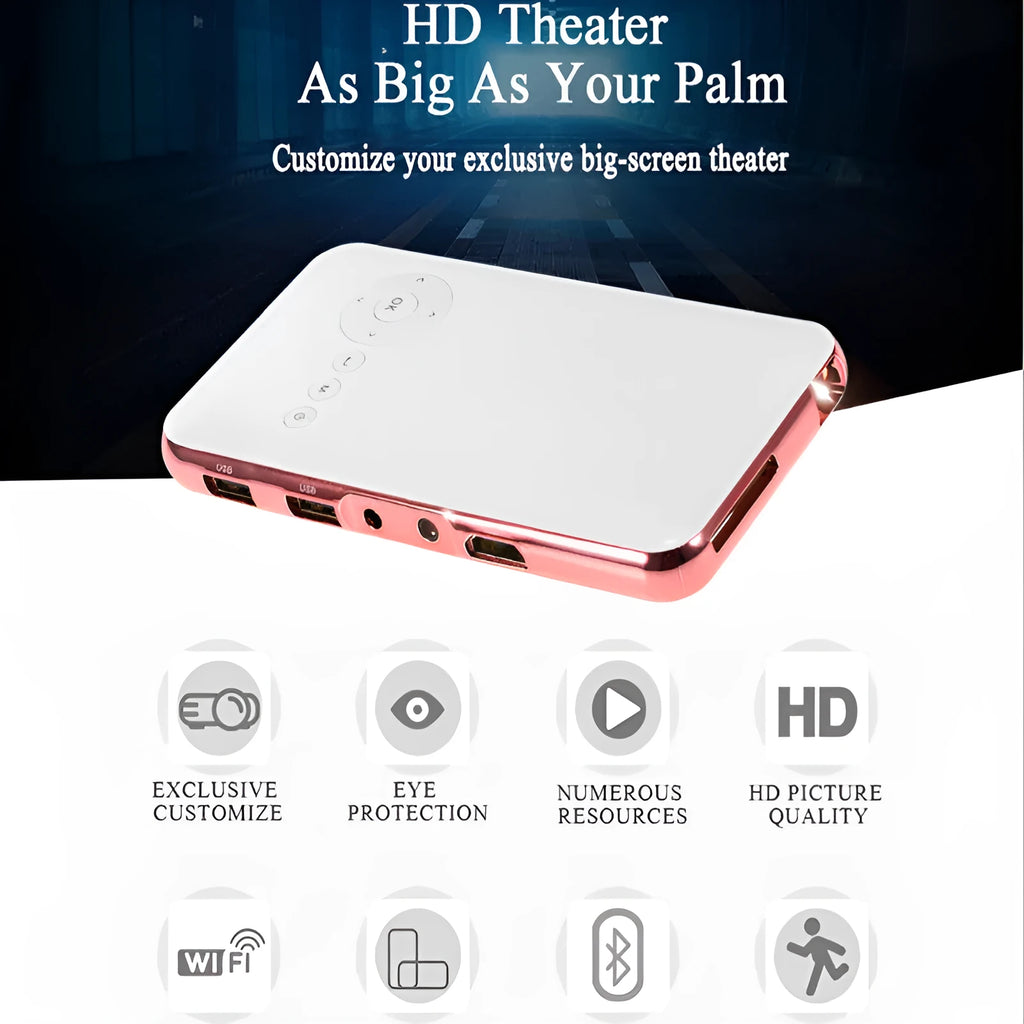 White and rose gold M6S miniature DLP Android projector showing compact 145mm size
