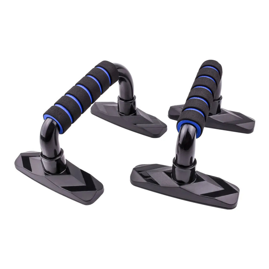 Two I-shaped push up bars with PP sponge foam grips in blue colour for strength training exercises