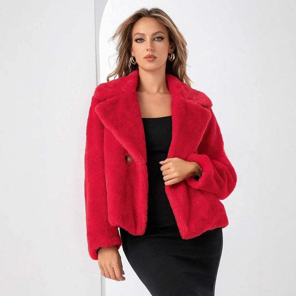 Women's loose short faux fur coat in rose red, showing regular sleeves and a fresh, sweet style.