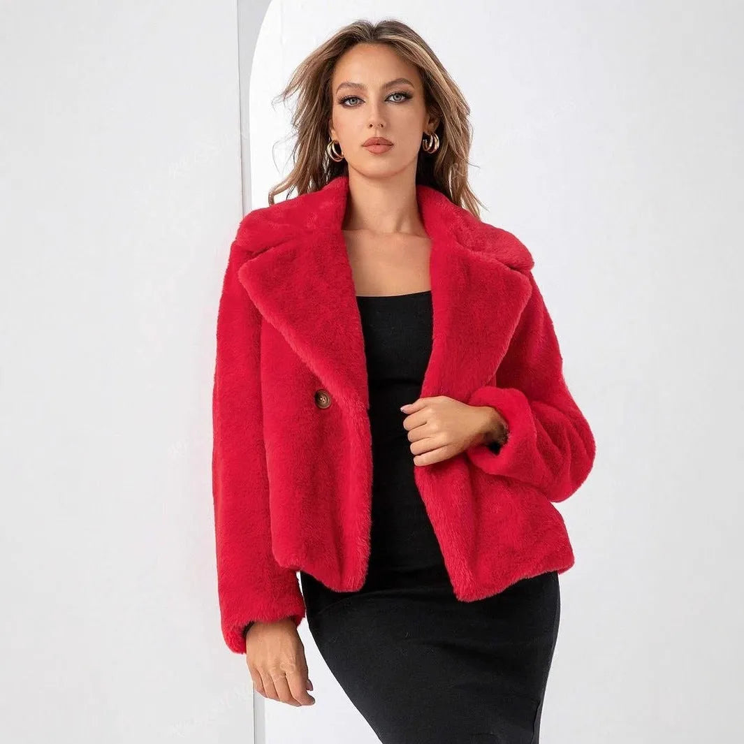 Women's loose short faux fur coat in rose red, showing regular sleeves and a fresh, sweet style.