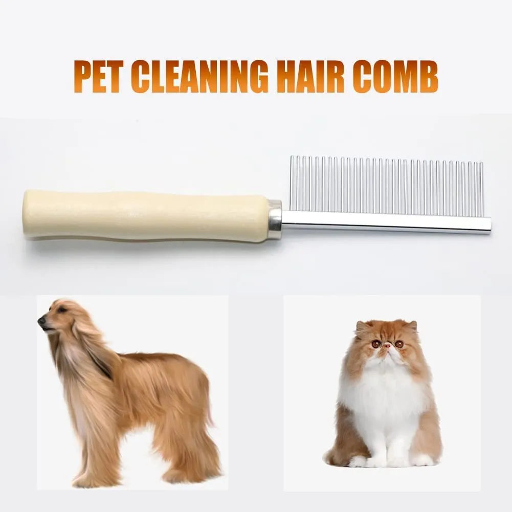 Wooden handle pet grooming comb for dogs and cats on a table.